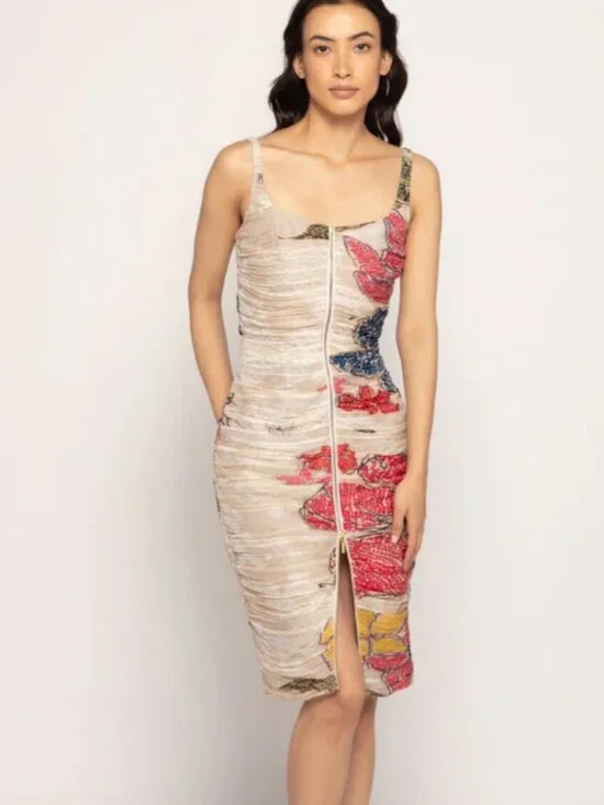 NWT Kiana Zip Midi Dress Beige Floral Sequin Size S - Picture 1 of 3